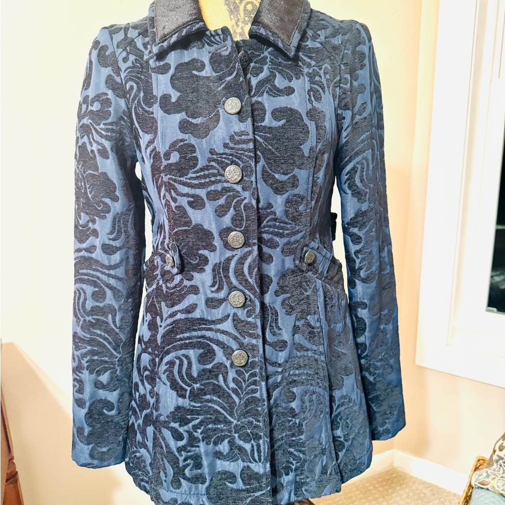 Free People Blue and Black Patterned Trench Coat
